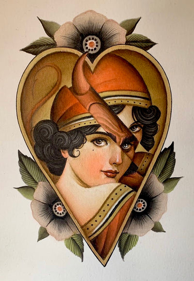 Traditional Tattoo style painting with lady and devil