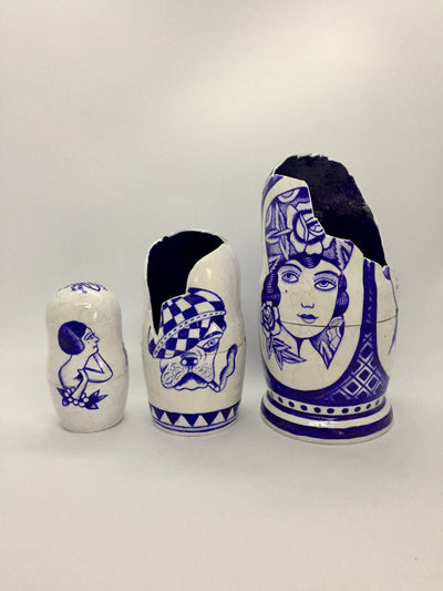 Florian Santus Russian doll fake ceramic tile with American traditional tattoo subjects girl face