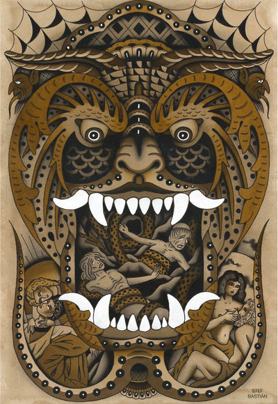 Watercolor American traditional tattoo style painting by Stef bastian for book inferno 