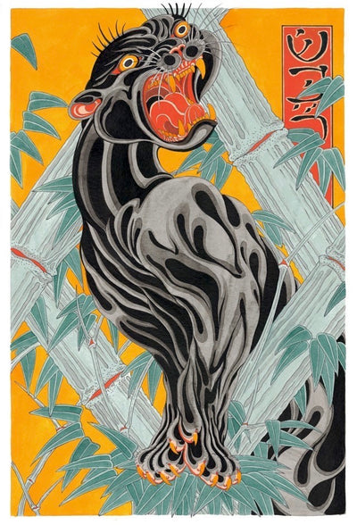 Tattoo painting with panther and Japanese background