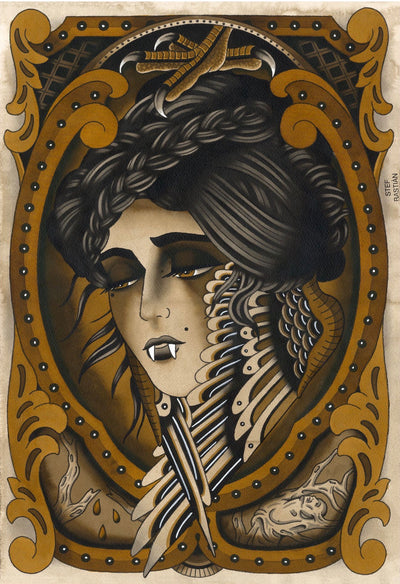 Watercolor American traditional tattoo style painting by Stef bastian for book inferno 