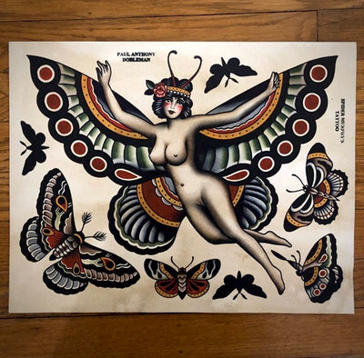 Paul dobleman tattoo flash with girl with butterfly wings and butterflies