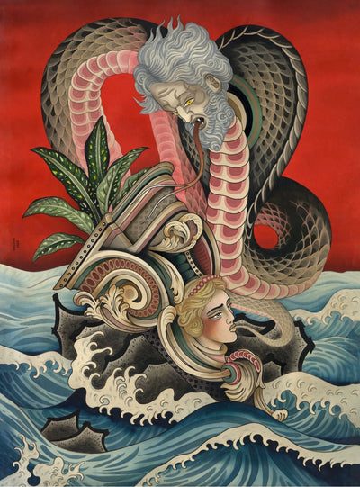 Tattoo painting with snake and Japanese water