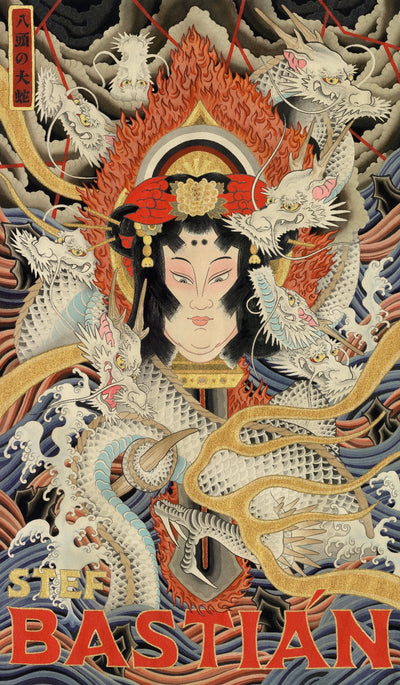 Tattoo banner with 8 heads dragon Japanese style