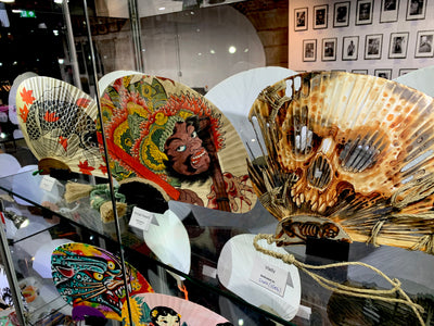 Decorated Japanese fan with traditional Japanese tattoo subject samurai and skull by Michael RASETTI and Vlady 