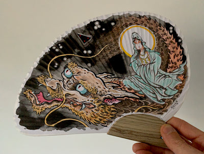 Decorated Japanese fan with tattoo style painting of dragon and Ian on by Timothy Hoyer 