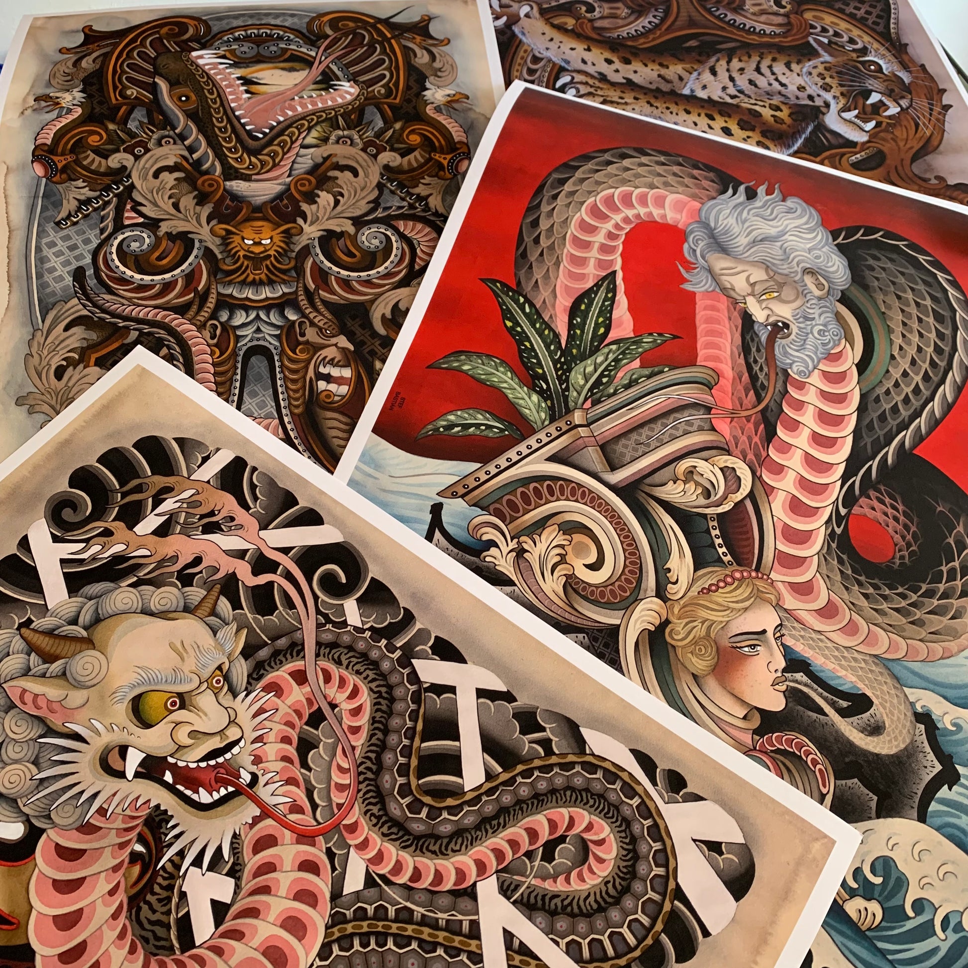 Stef Bastián paintings with American traditional and Japanese tattoo designs